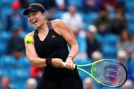 Ostapenko in action at the 2021 Eastbourne Open.